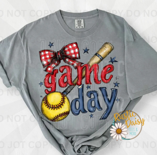 Game Day Softball text with decorative ribbon bow accent