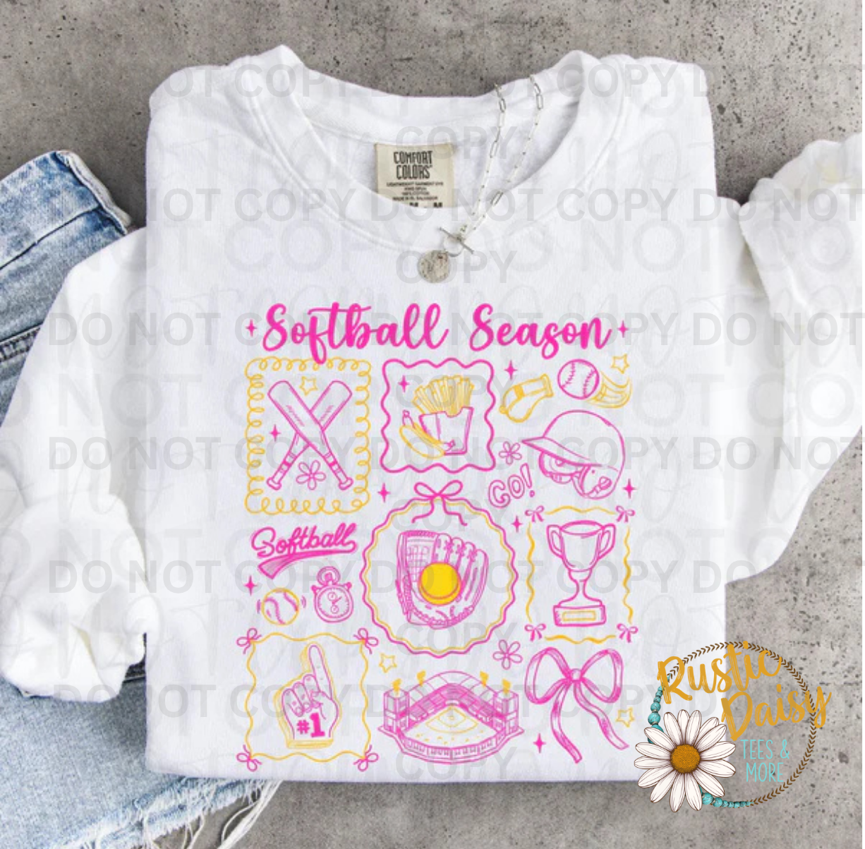 Softball Season collage in pink and yellow with bat glove helmet trophy and bow doodles