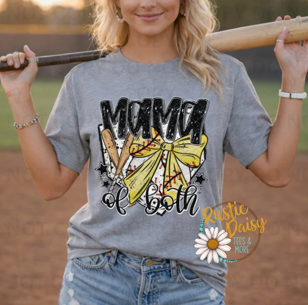 Mama of Both text with yellow softball and baseball bats crossed with ribbon bow