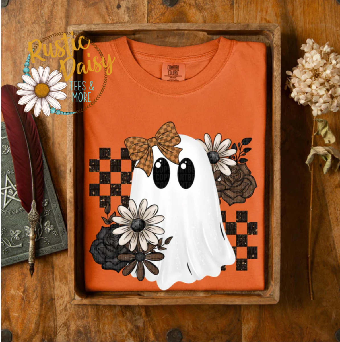 Ghost with Checker Bow & Flowers