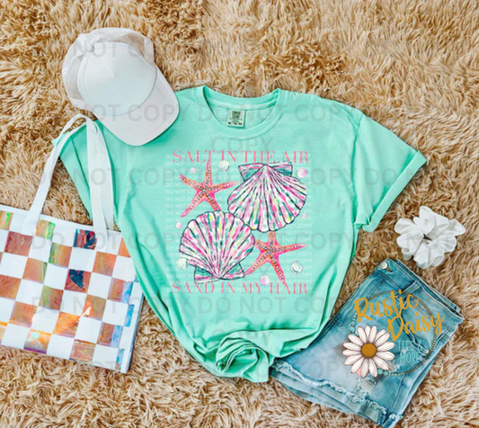 "Salt in the Air Sand in My Hair" with colorful seashells and starfish.