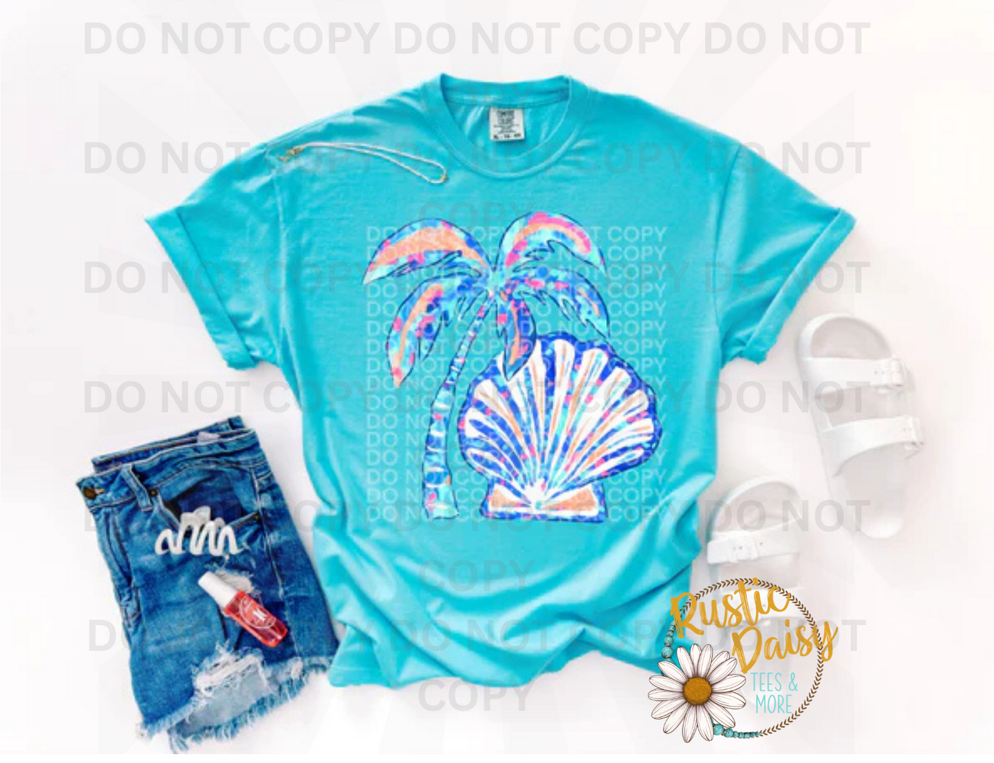 Tie-dye palm tree and seashell in blue and pink tones.

