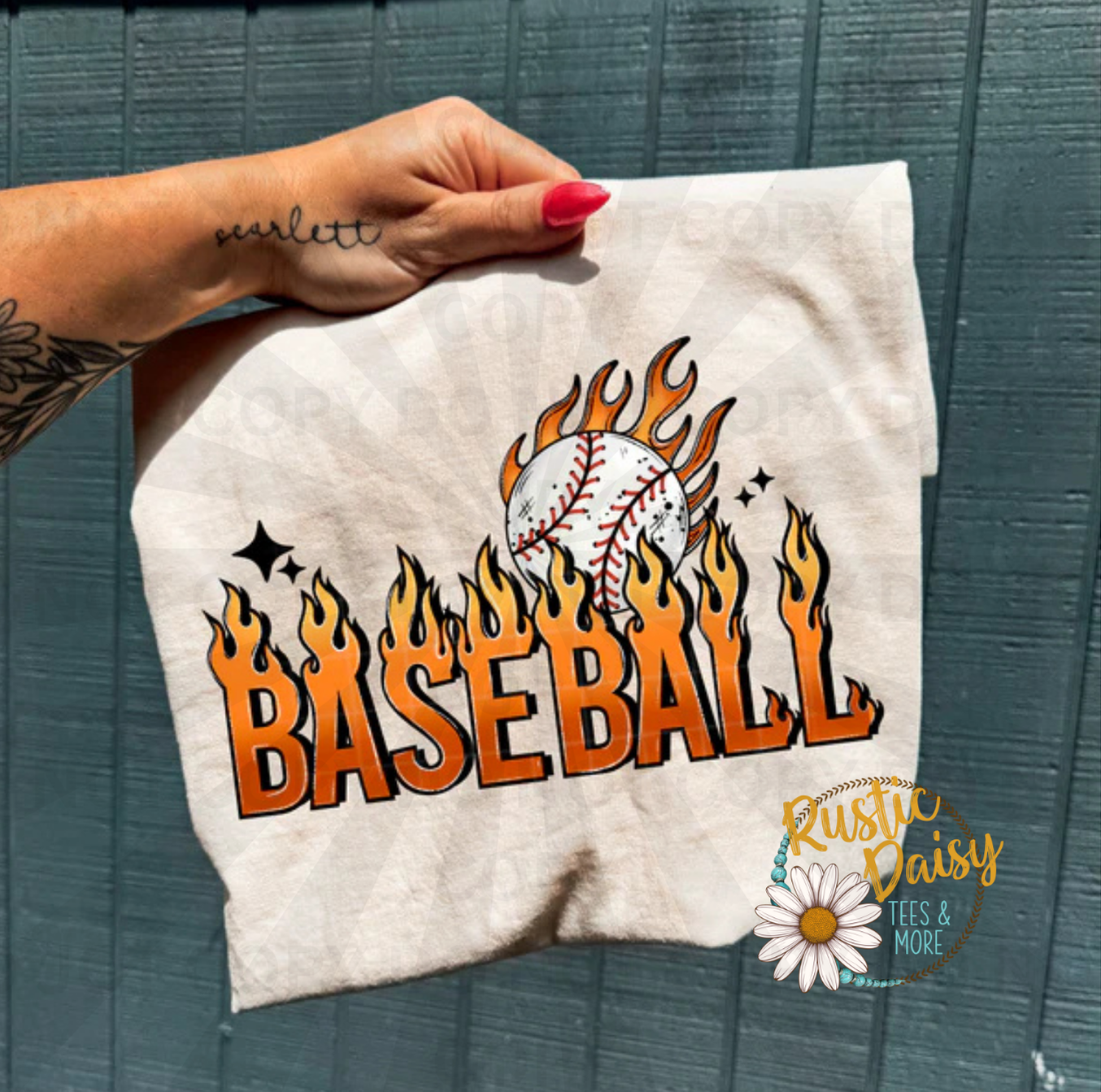Baseball text with flaming baseball graphic