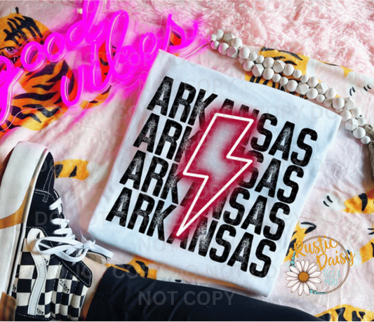 Arkansas Stacked Black Distressed Red Neon Lightning Bolt