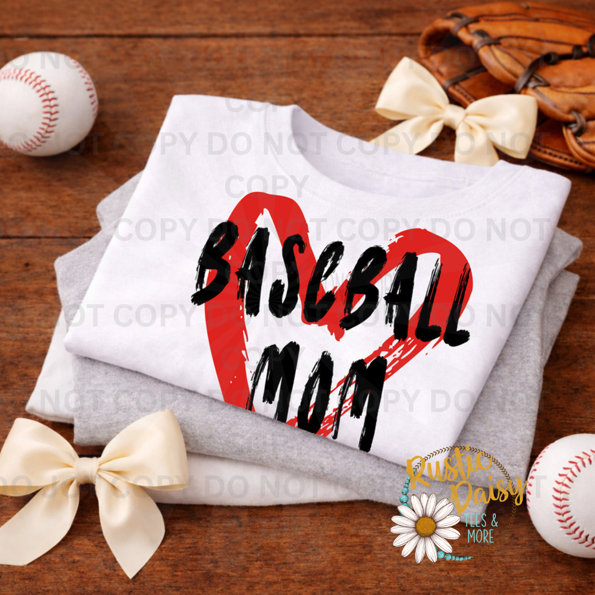 "Baseball Mom" in bold black brush lettering over a red painted heart.