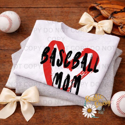 "Baseball Mom" in bold black brush lettering over a red painted heart.