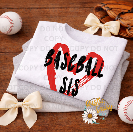 "Baseball Sis" in bold black brush lettering over a red painted heart.