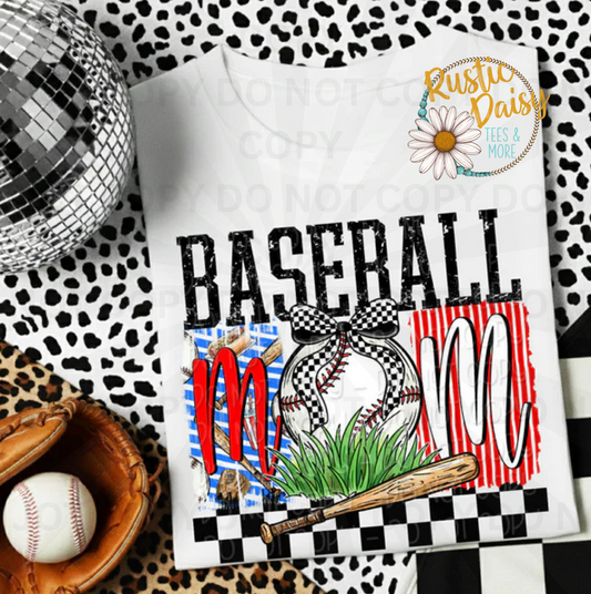 Baseball black text with patterned mom text with baseball, checkered bow, grass, and bat
