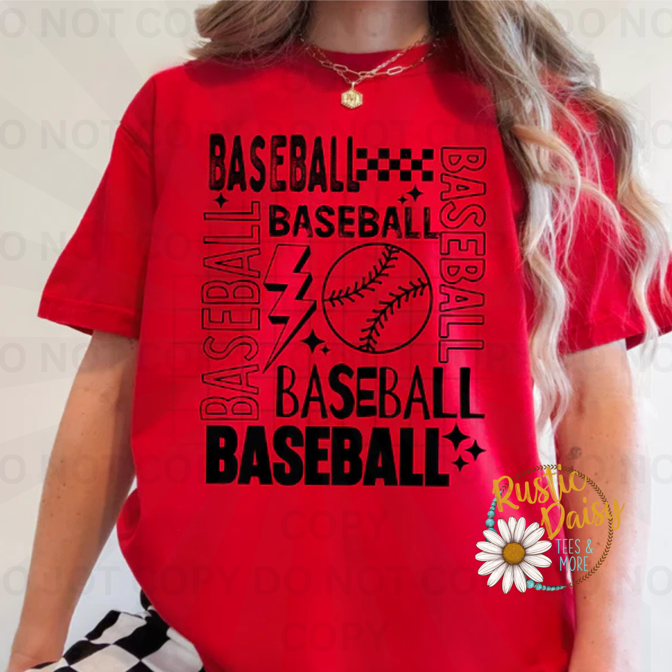Baseball text repeated in various fonts with lightning bolt, baseball, checkered pattern, and stars
