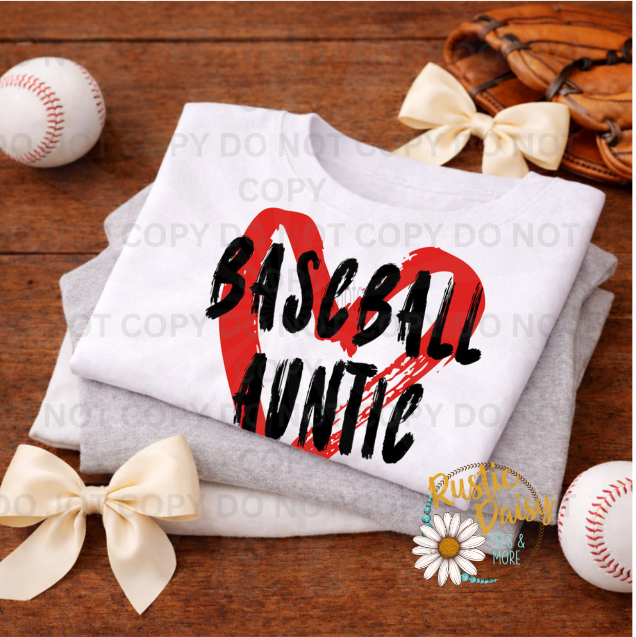 "Baseball Auntie" in bold black brush lettering over a red painted heart.