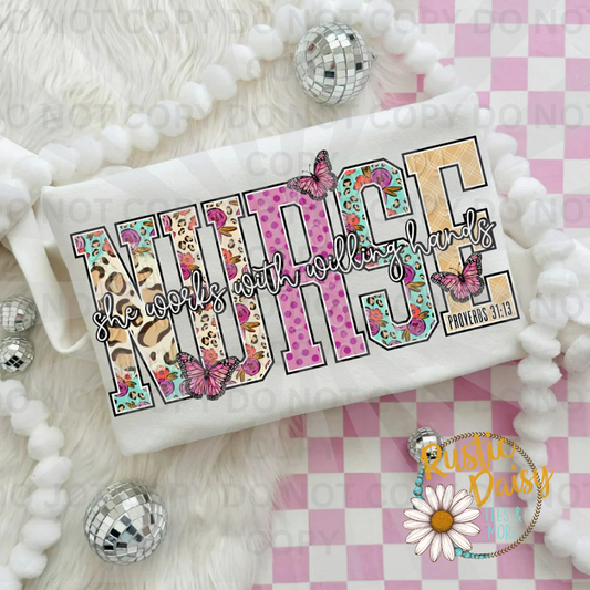 Nurse text with floral patterns and butterflies faith design