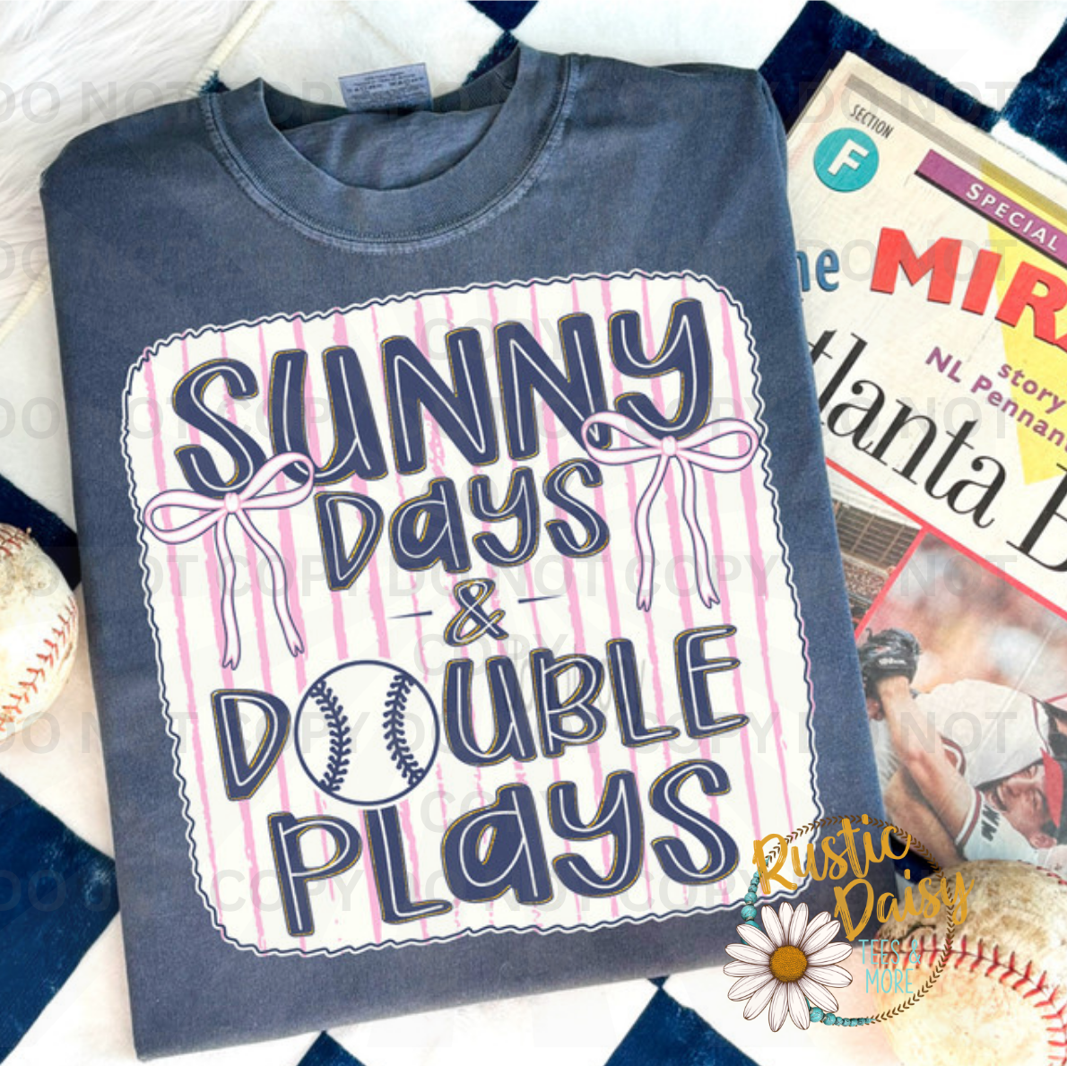 "Sunny Days & Double Plays" in navy lettering with pink bows and a baseball on pink stripes.