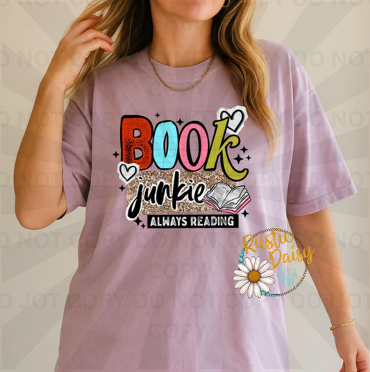 Book junkie always reading design with colorful letters