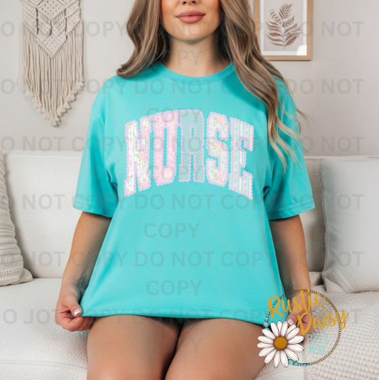 "Nurse" in faux lace varsity-style lettering.