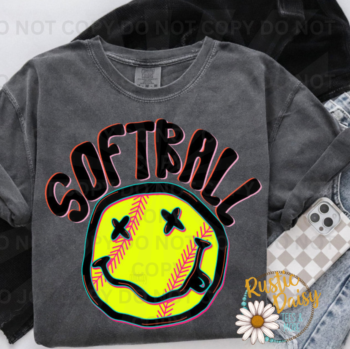 "Softball" in bold black grunge lettering over a yellow softball smiley face.
