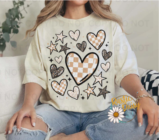 Mixed pattern of hearts and stars with checkered and leopard print accents