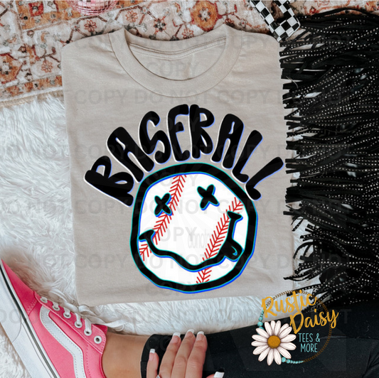 "Baseball" in bold black grunge lettering over a baseball smiley face.