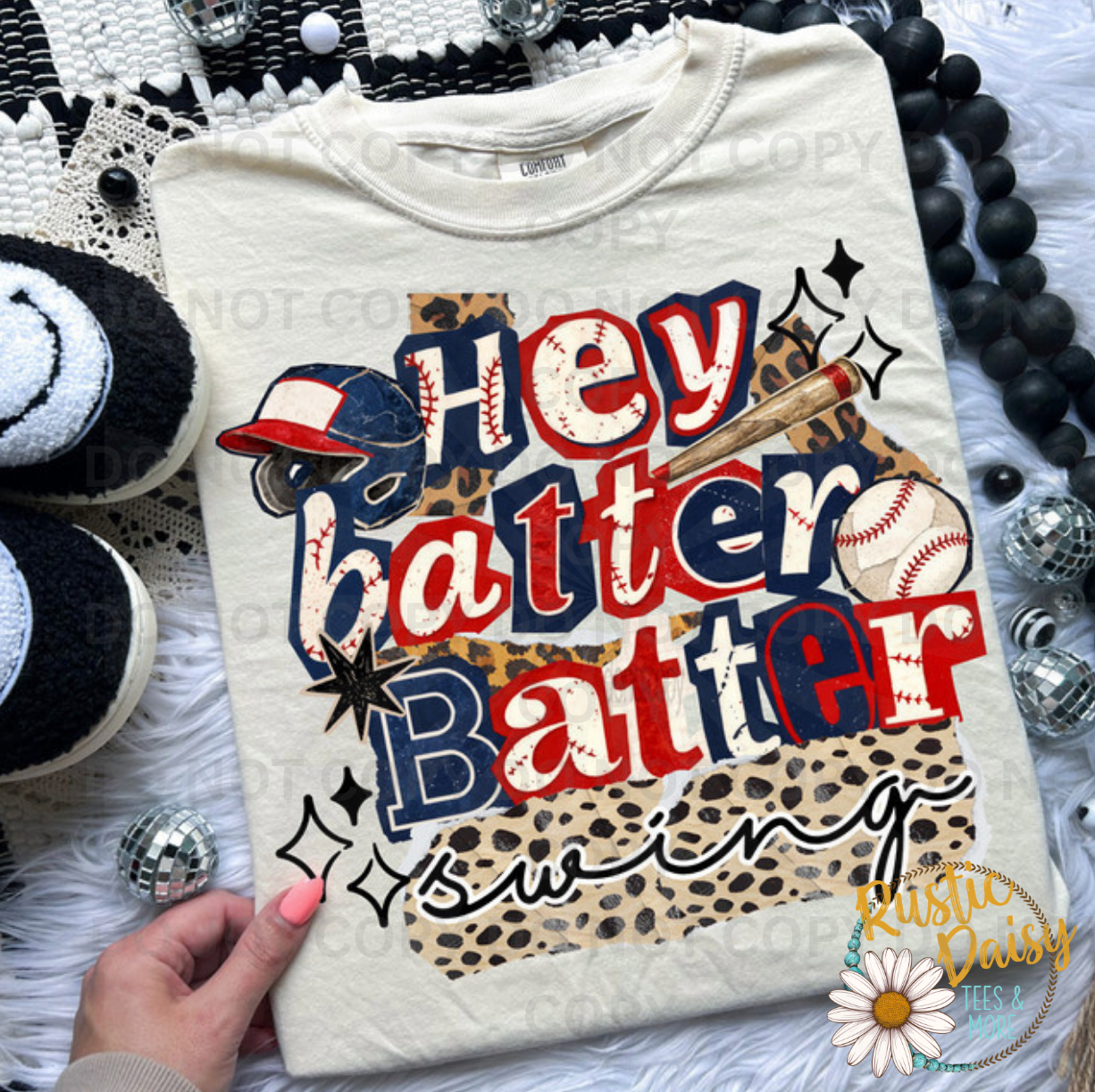 "Hey Batter Batter Swing" in retro mixed lettering with baseball accents.
