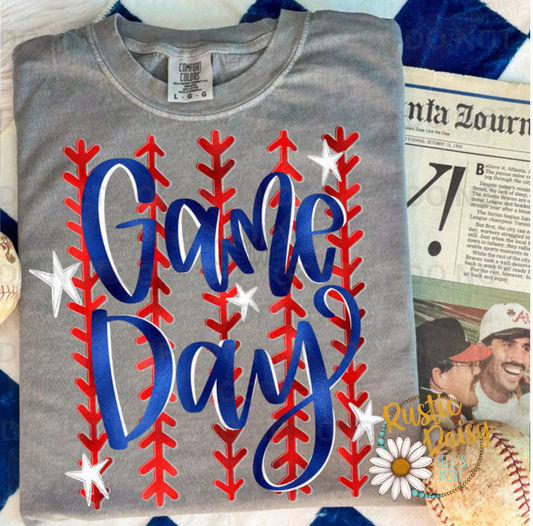 "Game Day" in navy script with red baseball stitching and white stars.