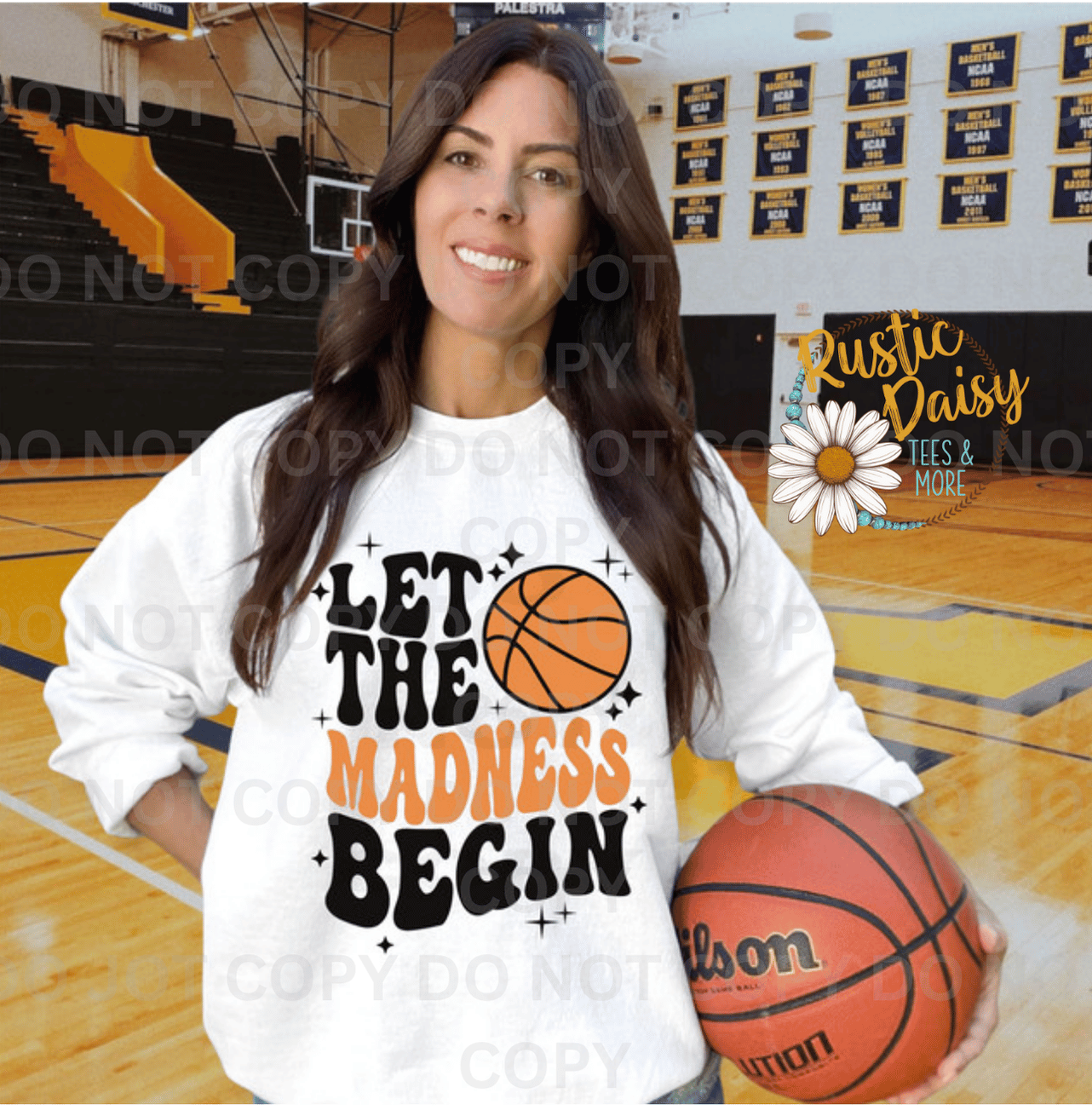 T-shirt with LET THE MADNESS BEGIN text with basketball and stars