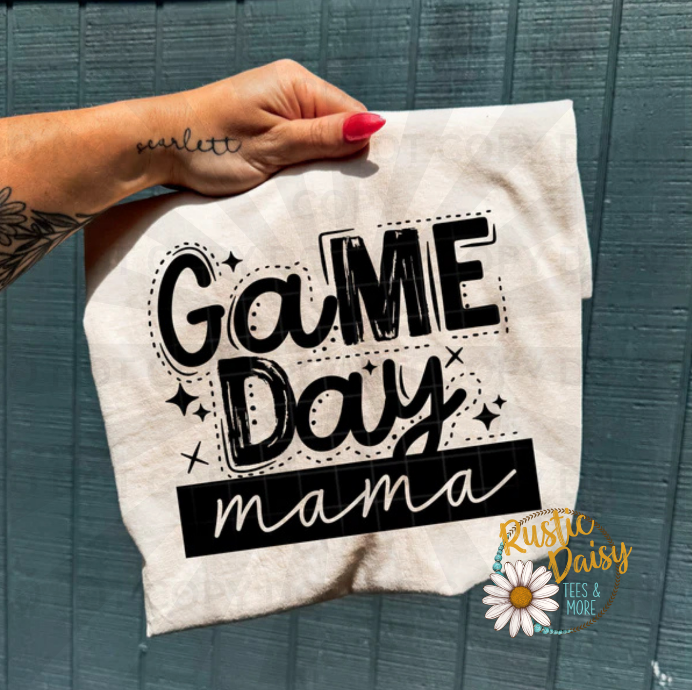 Game day mama black text with stars and decorative lettering