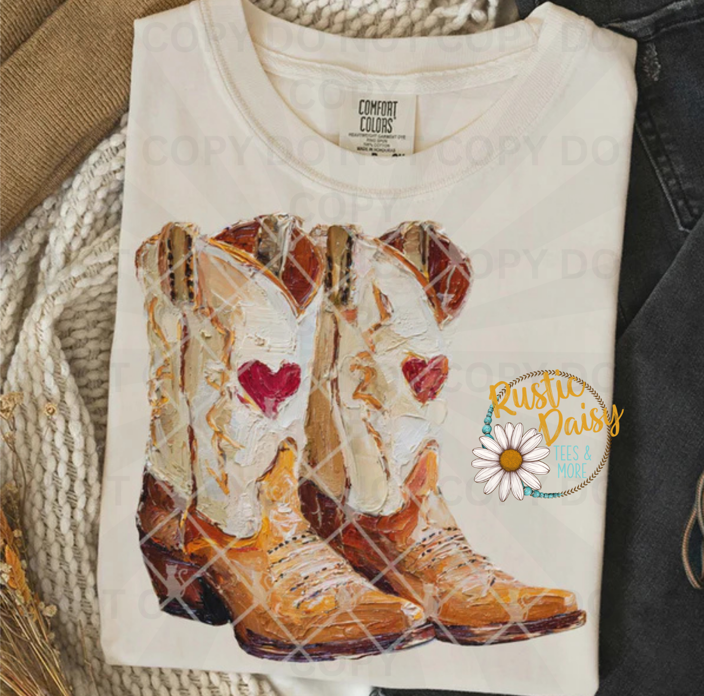Pair of watercolor cowboy boots with red hearts