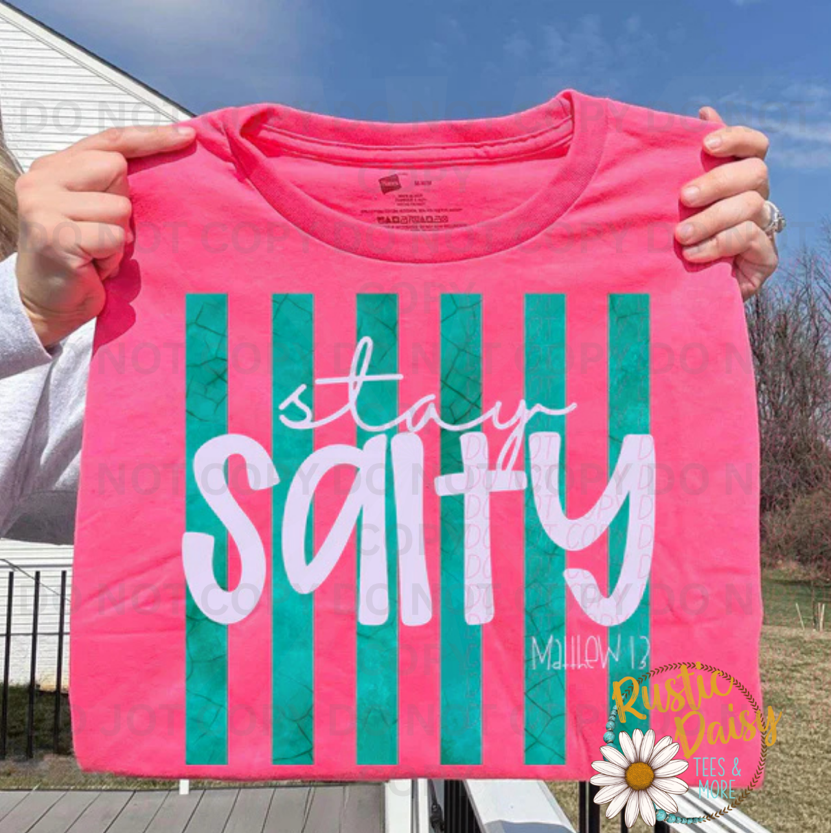 "Stay Salty" in white script over teal vertical stripes.