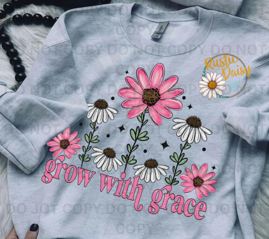 Grow with grace text with pink and white daisies and stars