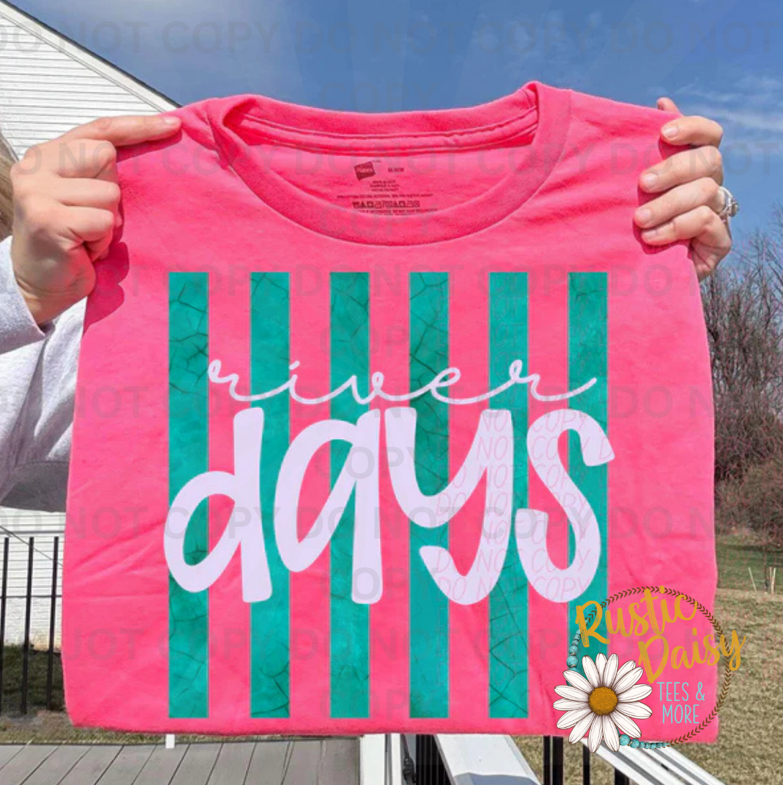 "River Days" in white script over pink and teal vertical stripes.