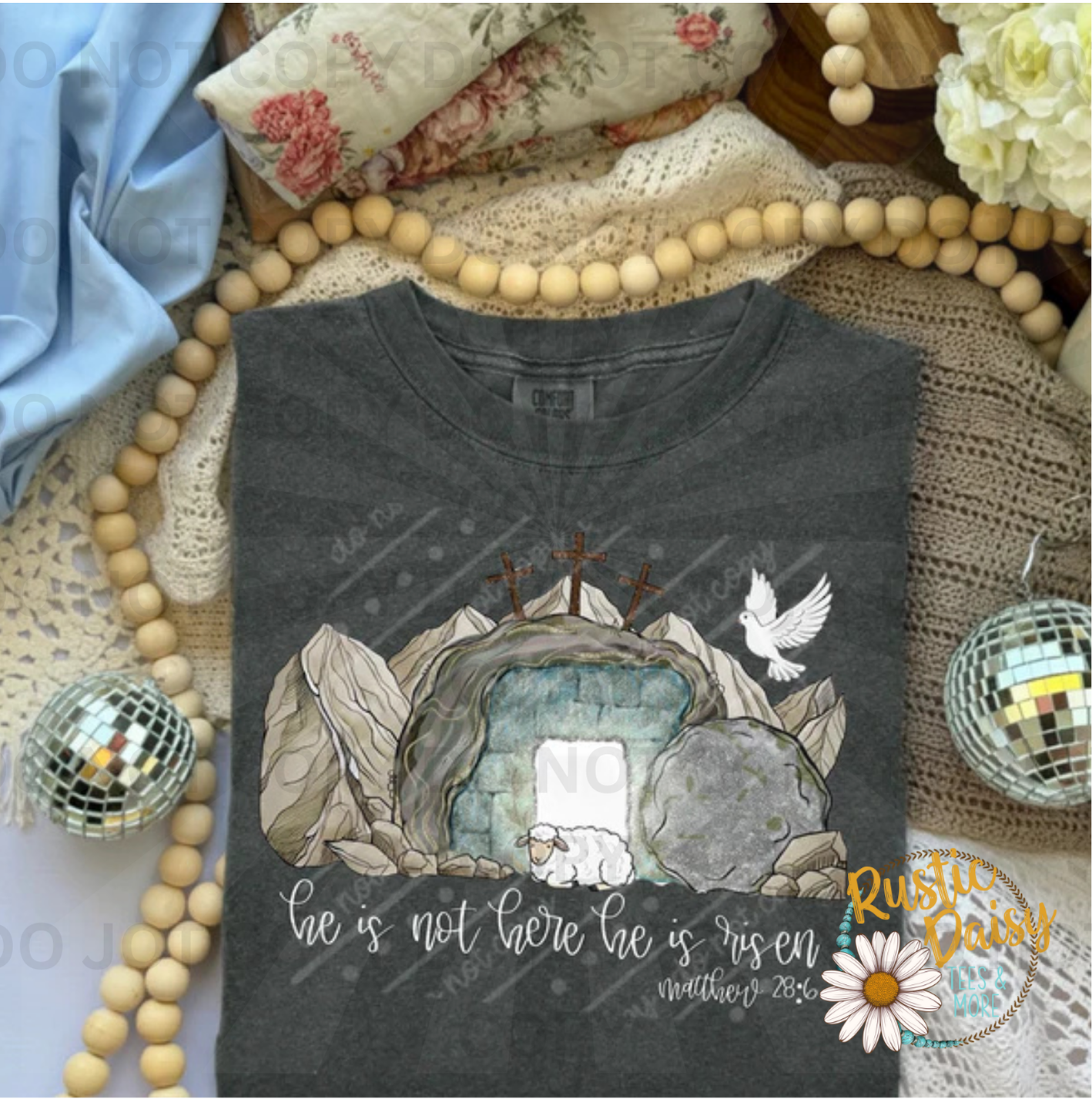 He is not here he is risen white text with empty tomb, crosses, lamb, and dove with Matthew 28:6 scripture reference