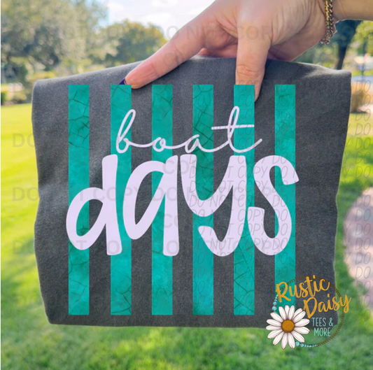 "Boat Days" in white script over teal vertical stripes.