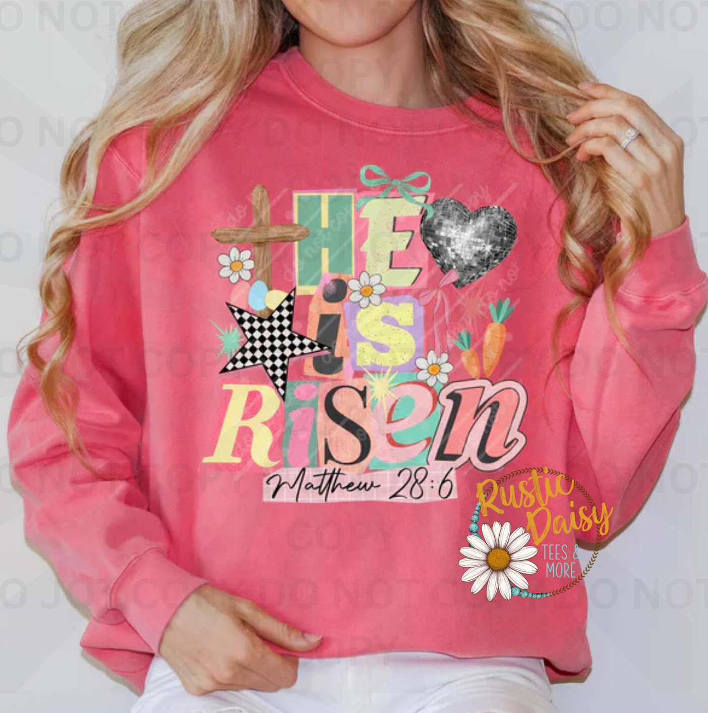 He is risen text in colorful mixed patterns with cross, heart, star, bow, and daisies with Matthew 28:6 scripture reference