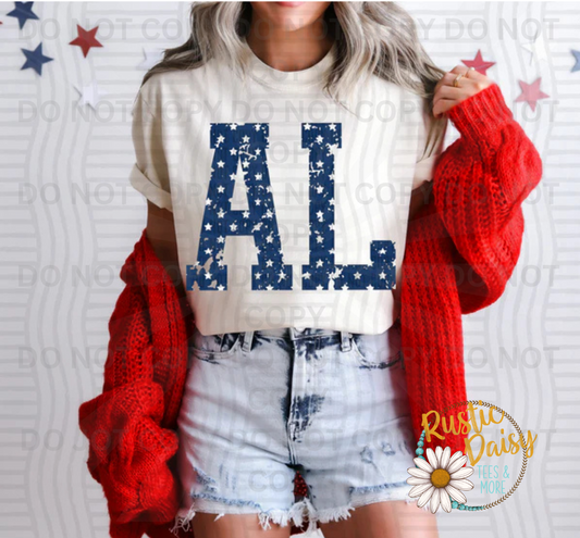 Alabama blue silhouette letters with white star pattern