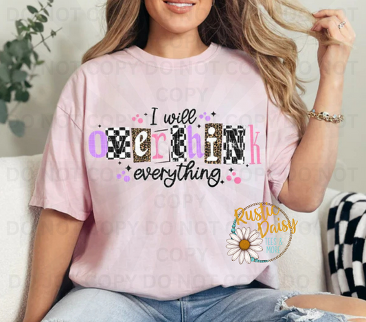  I will overthink everything text in colorful mixed patterns with checkered accents, leopard print, stars with black script words