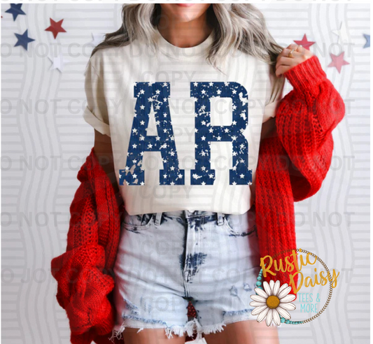Arkansas blue silhouette letters with white star pattern