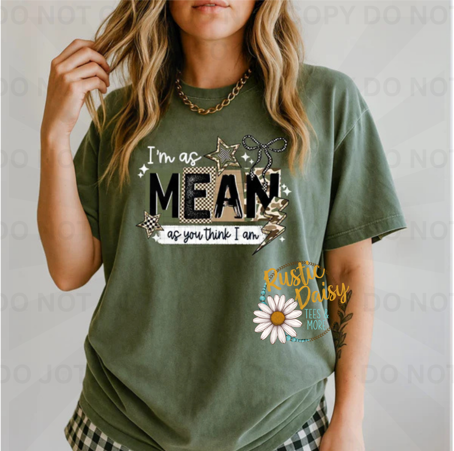 I'm as mean as you think I am text with checkered pattern, leopard print, stars, lightning bolt, and bow accents