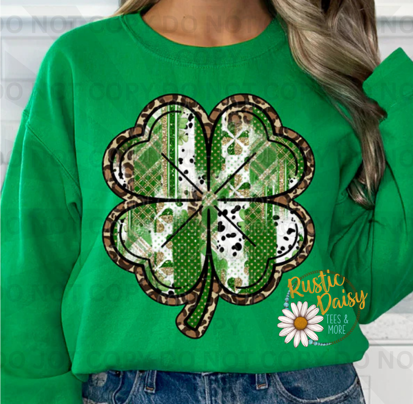 Four-leaf clover with leopard, polka dot, and checkered patterns