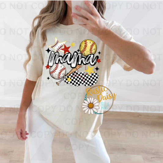  Mama text with baseballs, softballs, checkered patterned accents, bat, and stars