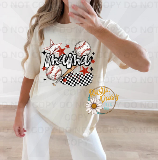 Mama text with baseballs, checkered pattern accents, bat, and stars