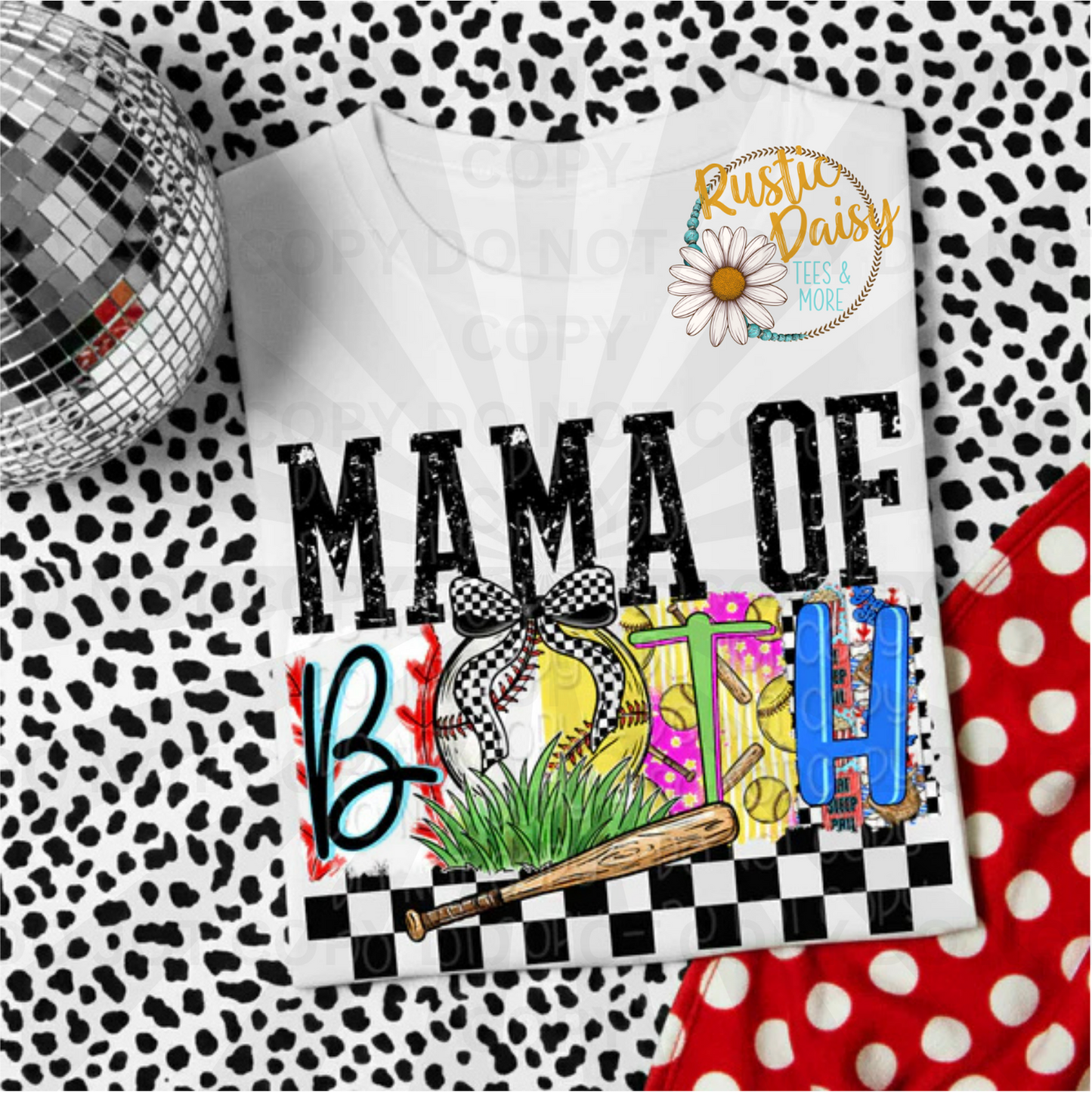  Mama of Both softball and baseball design with colorful letters