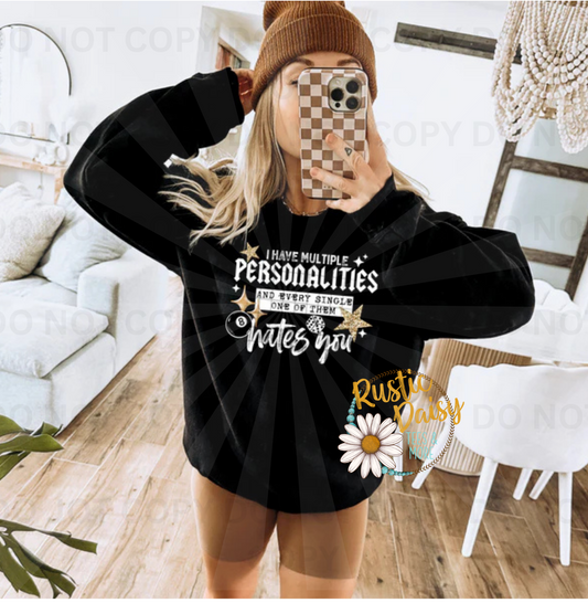  I have multiple personalities and every single one of them hates you text with stars and decorative elements