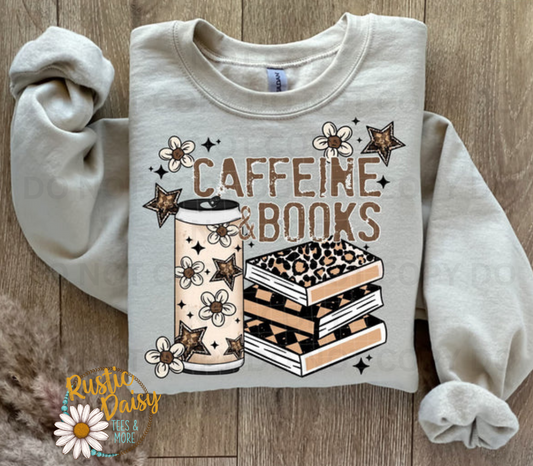 T-shirt with Caffeine & Books text, leopard print coffee tumbler, stack of books, flowers, and star accents