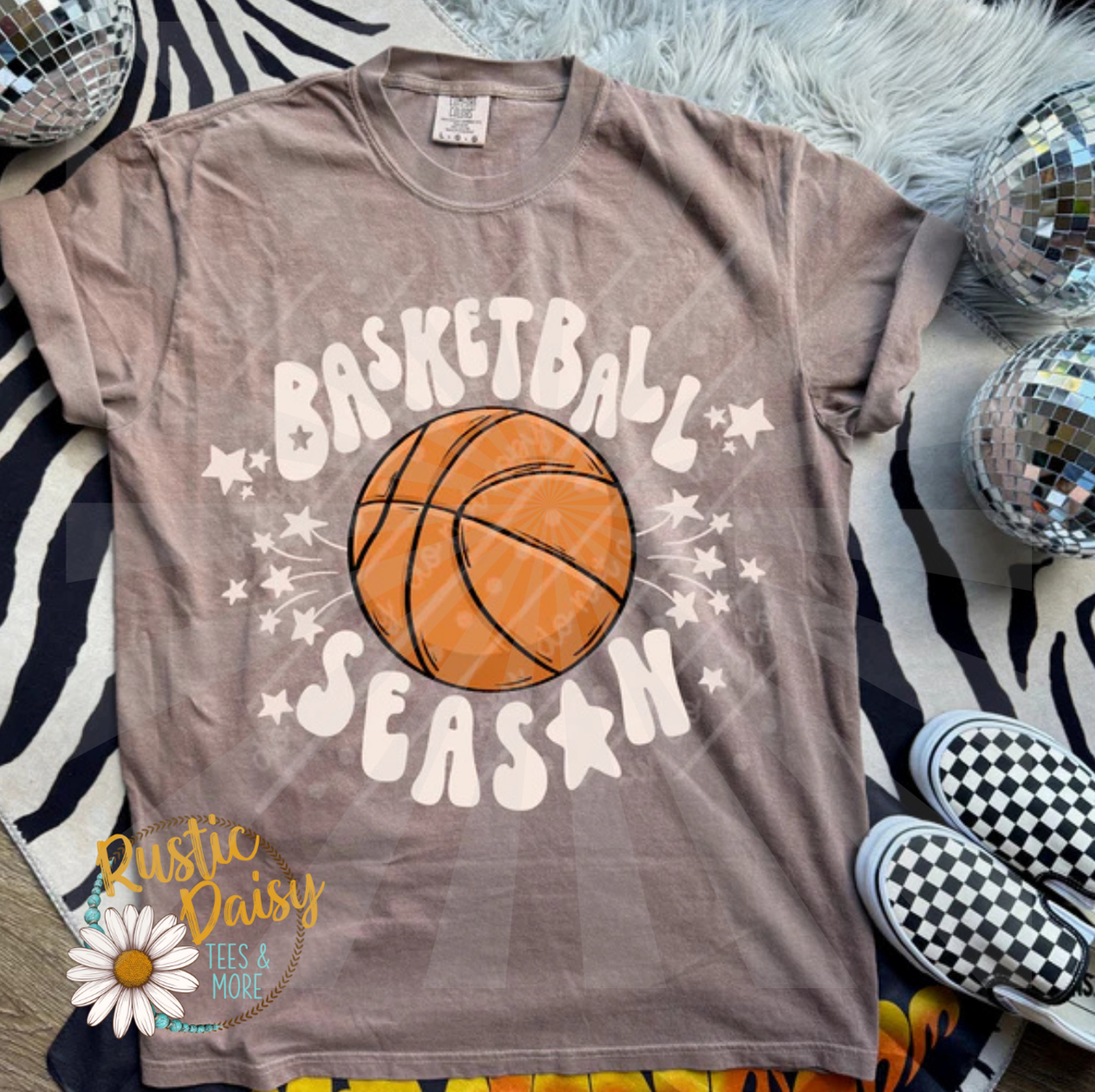 T-shirt with Basketball Season text in white with basketball graphic and stars