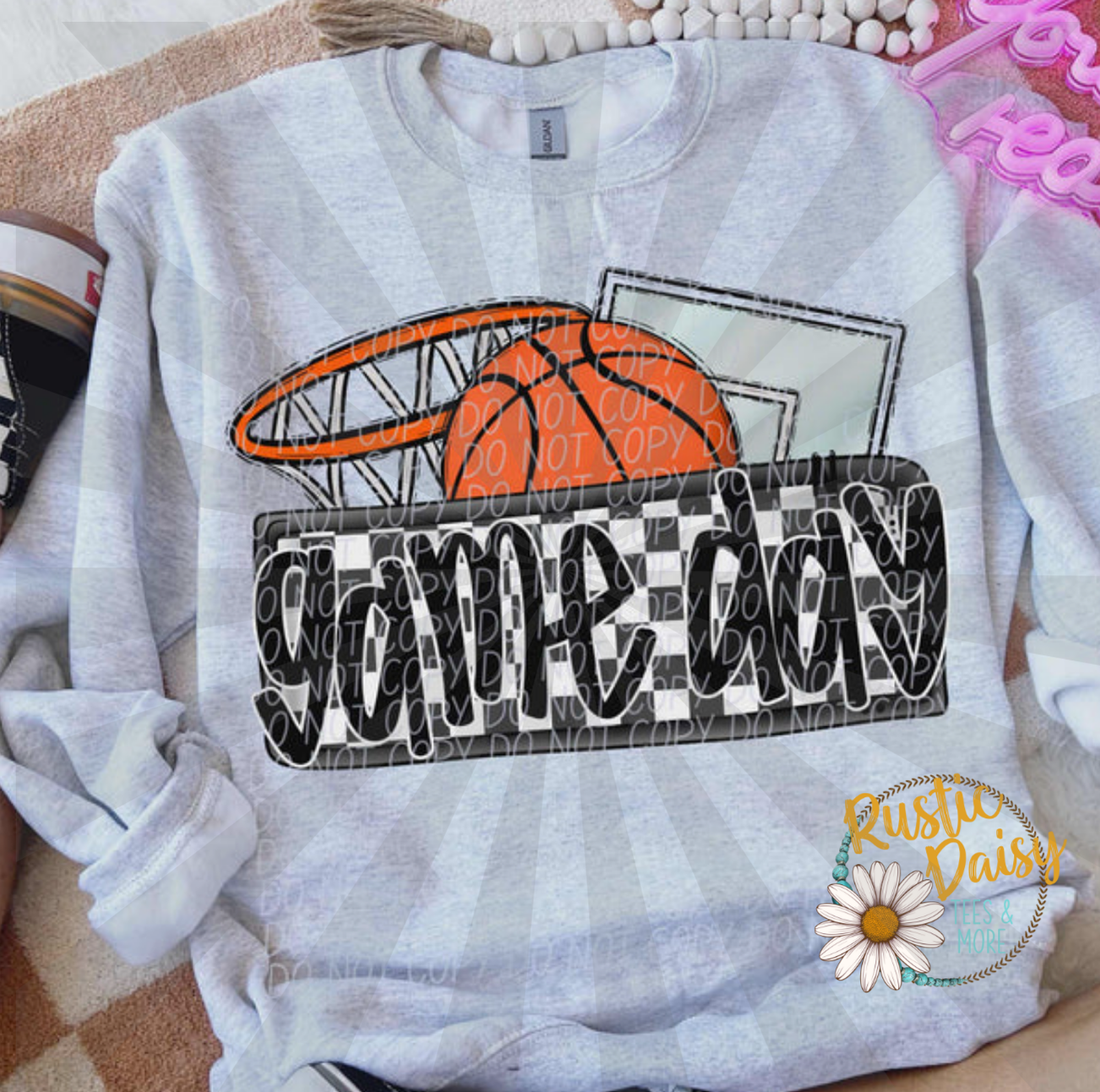 T-shirt with Game Day text in black checkered pattern and basketball with hoop graphic