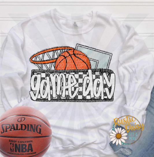 T-shirt with Game Day text in white checkered pattern and basketball with hoop graphic