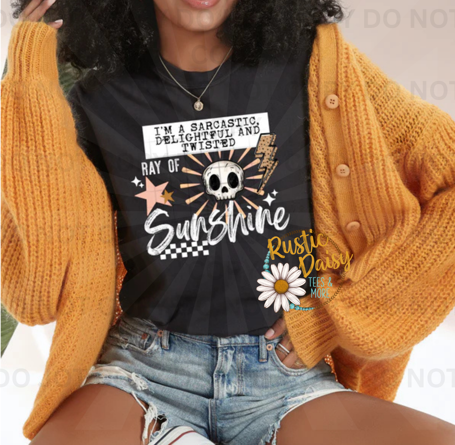  I'm a sarcastic delightful and twisted ray of sunshine text with skull, lightning bolt, stars, and checkered pattern, white lettering
