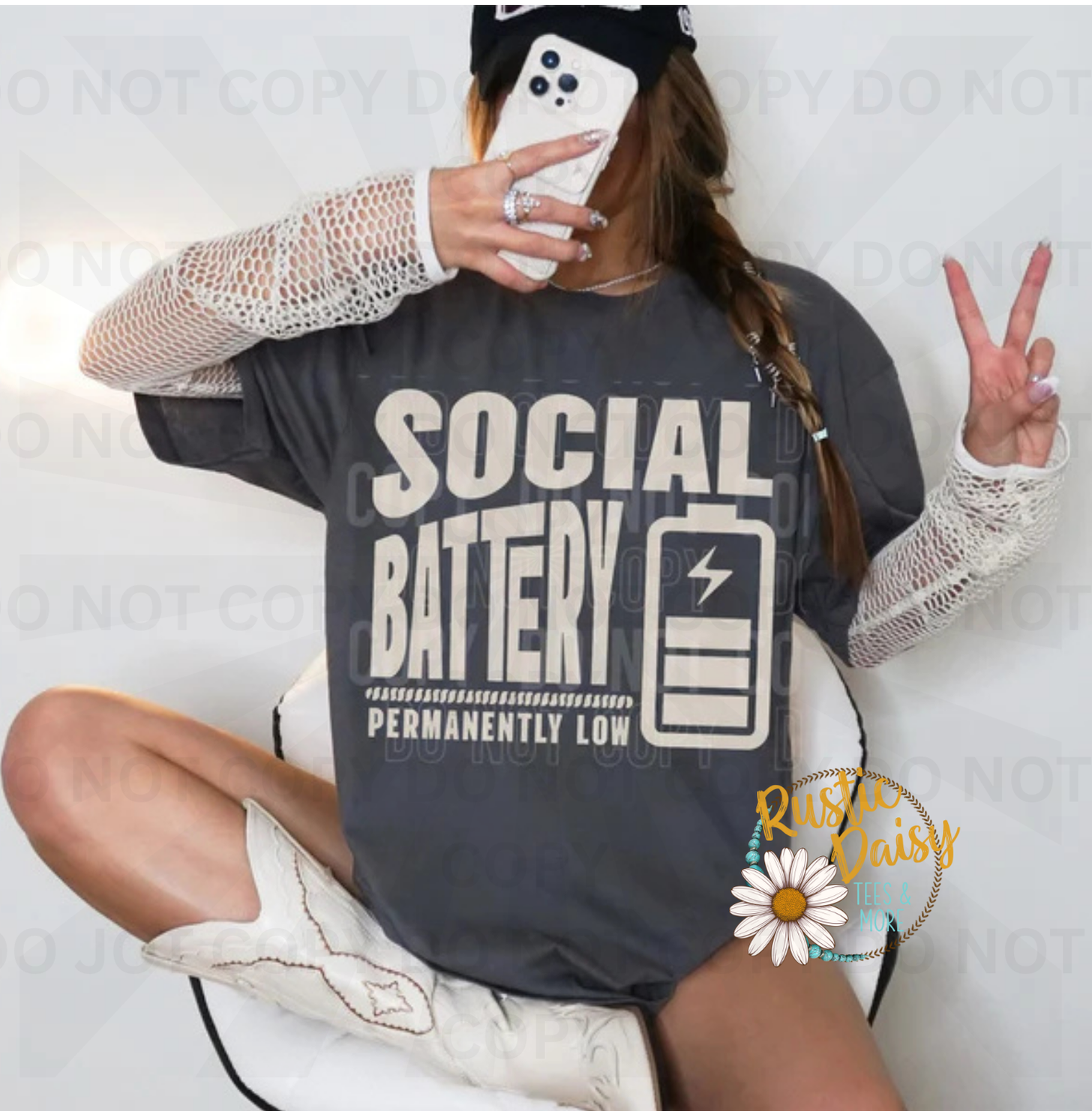 Social battery permanently low text with battery icon