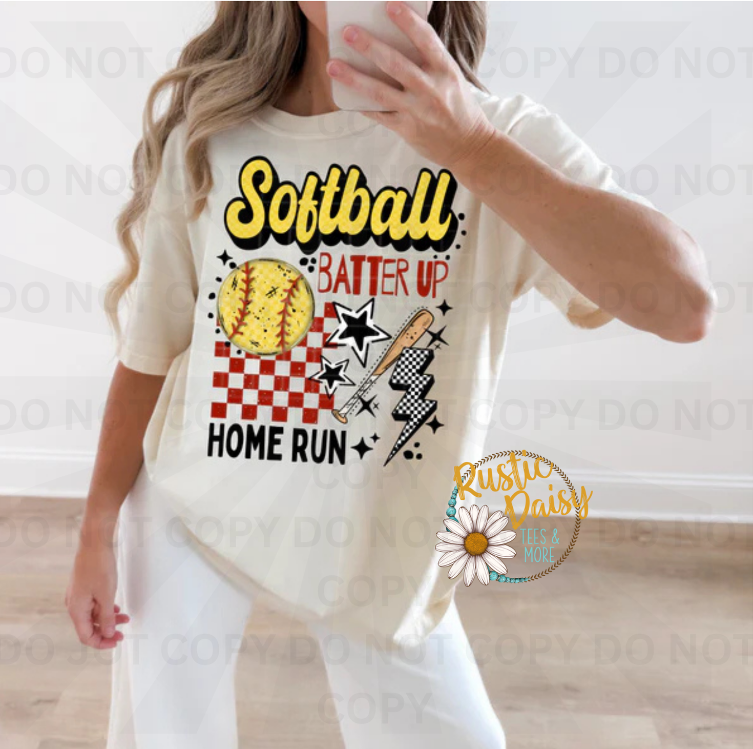 Softball batter up home run text with softball, bat, stars, and checkered pattern