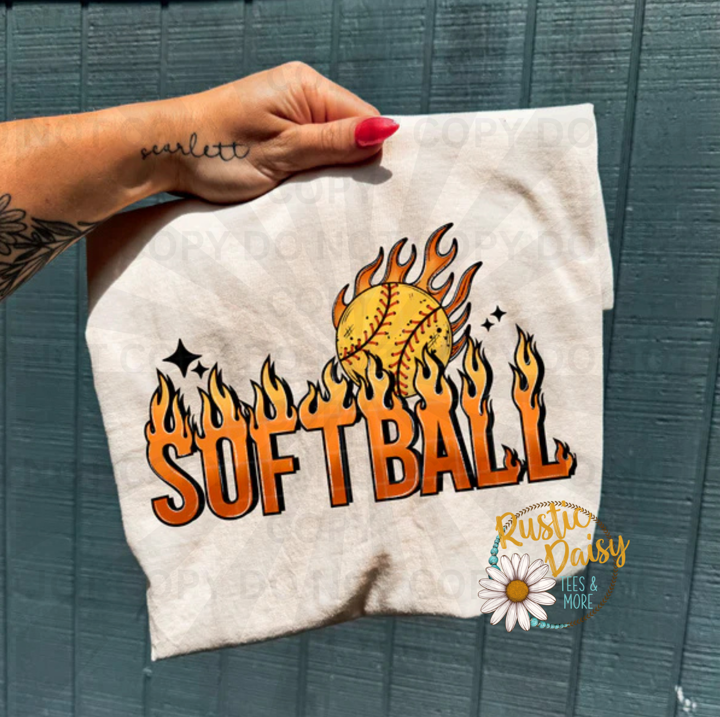 Softball text with flaming softball graphic