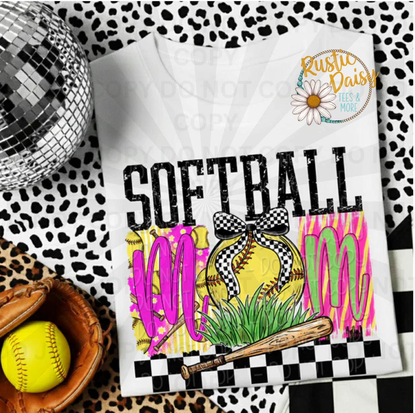 Black Softball mom text with softball, checkered bow, grass, and bat on colorful patterned background